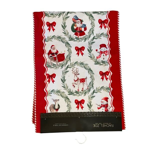 RACHEL ZOE Christmas Table Runner 16x90 Santa Bow Wreath Holiday Red White New - Picture 1 of 10